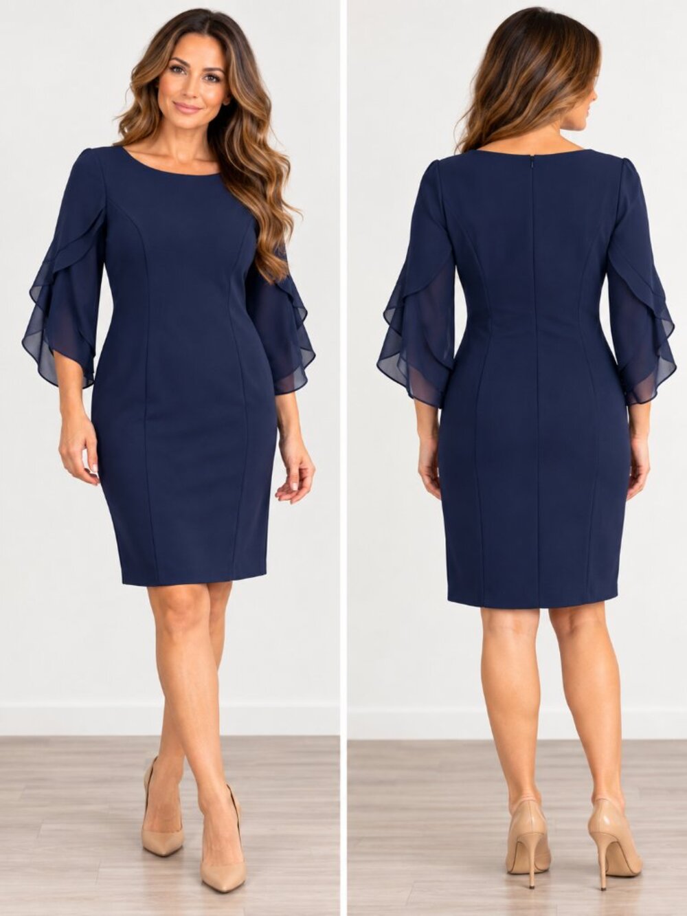 DKNY Navy Sheath Dress 4 Chiffon Ruffle Bell Sleeves NWT